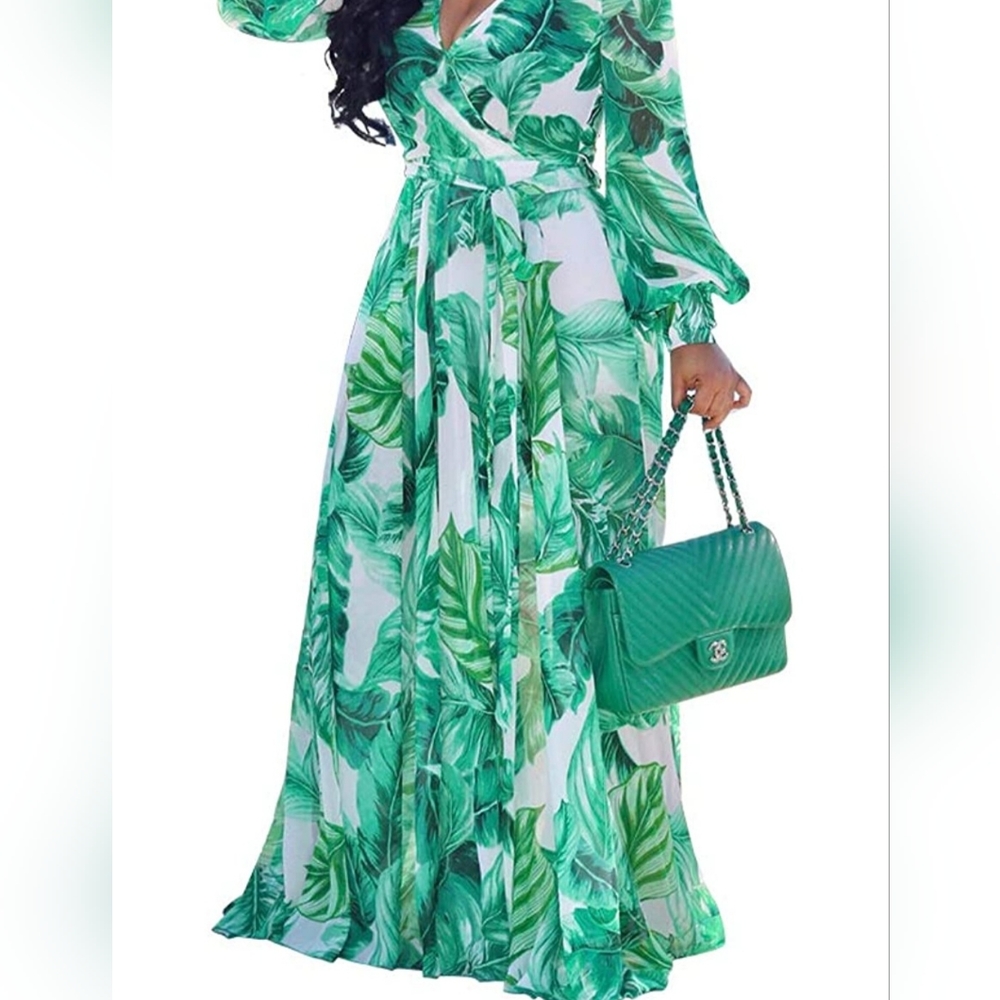 Tropical Print Maxi Dress with Leaves Size L Excellent Condition Light W…